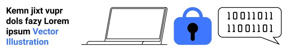 Cybersecurity Elements with Laptop, Blue Lock, and Binary Code Speech Bubble Stock Illustration