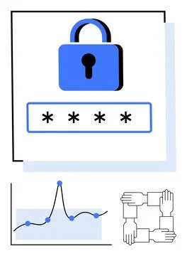 Cybersecurity Elements Lock, Graph, and Teamwork in a Unified Design Stock Illustration