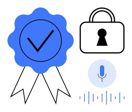 Cybersecurity Elements with Secure Badge, Padlock, Microphone, and Sound Wave 스톡 일러스트