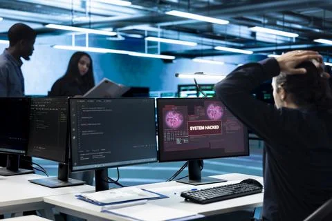 Cybersecurity, engineer and hacking in server room with compromised systems Stock Photos