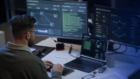 Cybersecurity Engineer Developing on Computers in Network Office 動画素材 334935272