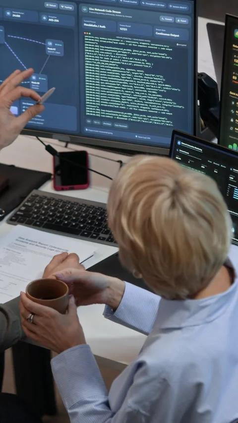 Cybersecurity Engineers Analyzing Code on Monitor in Control Center Stock Footage 334928472