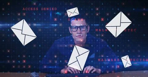 Cybersecurity expert analyzing digital threats on computer with floating email Stock Photos
