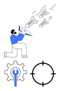 Cybersecurity expert deflecting DDoS attacks using a shield while surrounded  イラスト素材