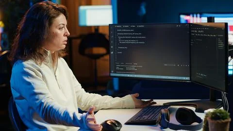 Cybersecurity expert looking confused at code on computer screen Foto stock
