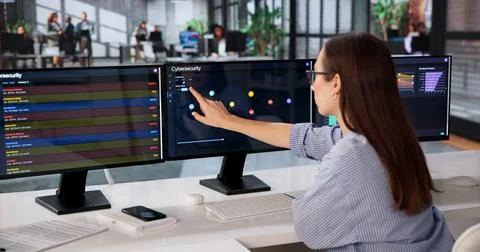 Cybersecurity Expert Monitors Multiple Attack Alerts On Computer Screen Activ Stock Photos