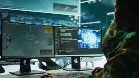 Cybersecurity expert oversees intelligence gathering through AI brain Stock Footage 279951678