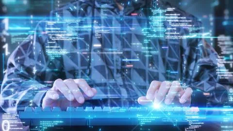 Cybersecurity expert typing on a keyboard, surrounded by floating digital c.. Stock-Fotos