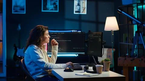 Cybersecurity expert using computer and augmented reality Stock Photos