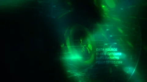 Cybersecurity Fiber Optic Data Stream with HUD Interface Stock Footage 331329640