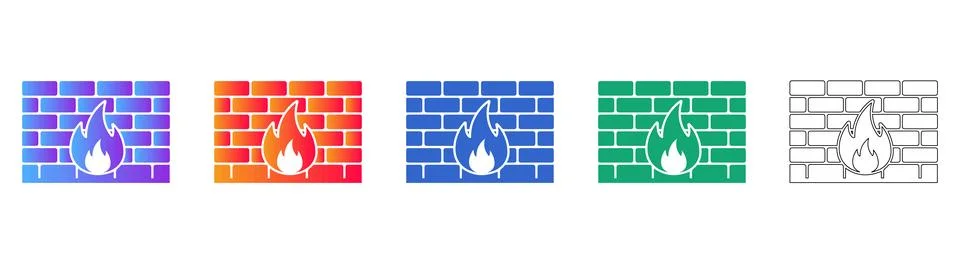 Cybersecurity Firewall Brick Wall with Flame Icons Stock Illustration