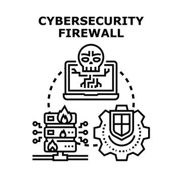 Cybersecurity firewall protecting computer network server data Illustrazione stock