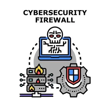 Cybersecurity firewall protecting computer network server data Stock Illustration