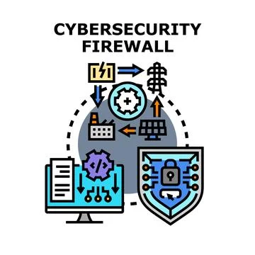 Cybersecurity firewall protecting digital data network infrastructure 库存插图