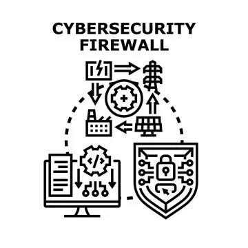 Cybersecurity firewall protecting digital data network infrastructure Stock Illustration