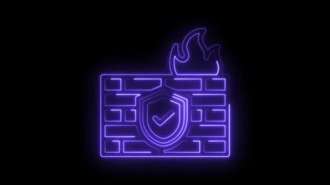 Cybersecurity firewall with protection shield and cyber attack flame neon g.. Stock Footage 346008083