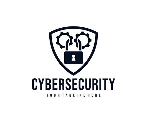 Cybersecurity, gears and lock in the shield, logo design Illustrazione stock