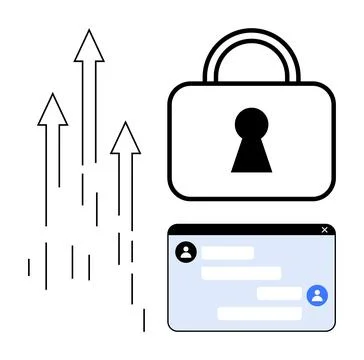 Cybersecurity Growth Concept with Lock, Chat Window, and Up Arrows Stock Illustration