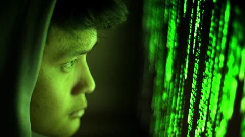 Cybersecurity Hacker Close Asian Man Matrix Green Code Screen Reflection Hoodie Stock Footage 336094139