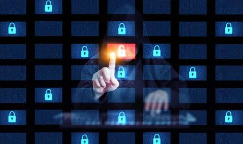 Cybersecurity hacker concept with digital lock icons and hooded figure hack.. Stock Photos