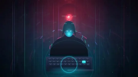 Cybersecurity hacker silhouette with digital interface and red warning light in Stock Footage 341832953