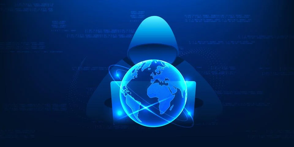 Cybersecurity Hacker technology and cyber threats with computers and digita.. Illustrazione stock