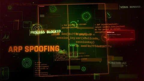 Cybersecurity Hacking HUD Background with ARP Spoofing Data Stock Footage 335567801