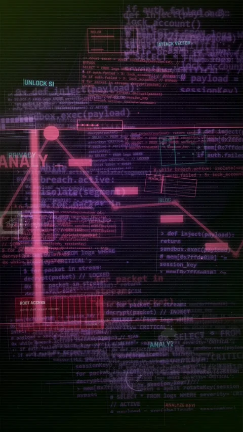 Cybersecurity Hacking Interface with Digital Code and Security Alerts Stock-Footage 335574699