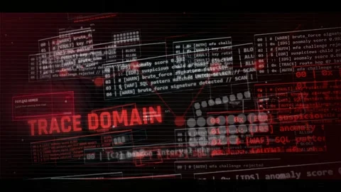 Cybersecurity Hacking Interface with Red Digital HUD and Code Stock Footage 335573880