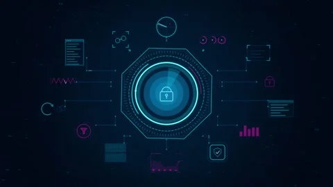 Cybersecurity HUD Interface Background with Glowing Padlock and Data Graphs Stock Footage 341677218