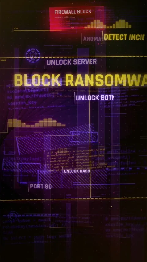 Cybersecurity HUD Interface Blocking Ransomware Attack Stock Footage 335563021