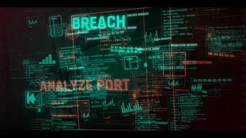 Cybersecurity HUD Interface with Data Breach and Network Analysis Stock Footage 335567328