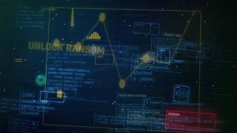 Cybersecurity HUD Interface with Data Graph and Hacking Alerts Stock Footage 335567756