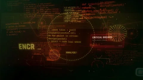 Cybersecurity HUD Interface with Encryption and Critical Breach Alerts Stock Footage 335573569