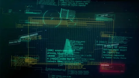 Cybersecurity HUD Interface with Hacking Alerts and Data Trace Stock Footage 335574036
