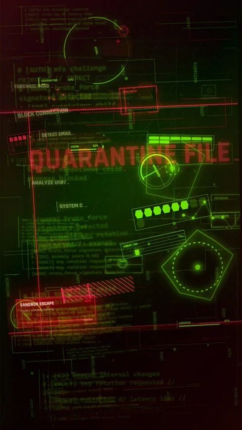 Cybersecurity HUD Interface with Quarantine File and System Alert Stock Footage 335574255