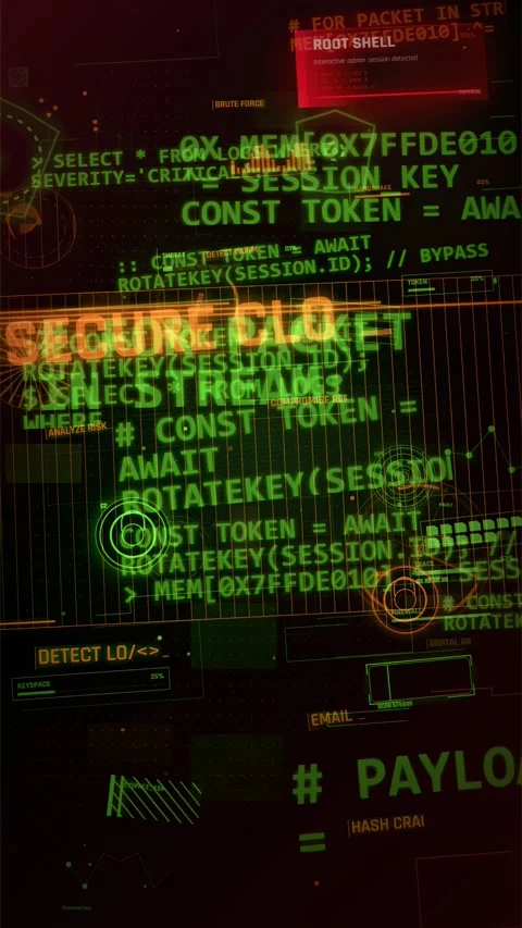 Cybersecurity HUD Interface with Scrolling Digital Code and Data Stock Footage 335574675