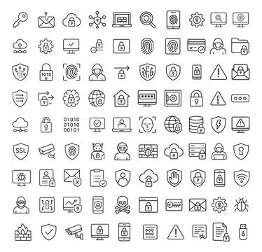 Cybersecurity Icon Set Featuring Data Protection Malware and Cloud Security.. Stock Illustration