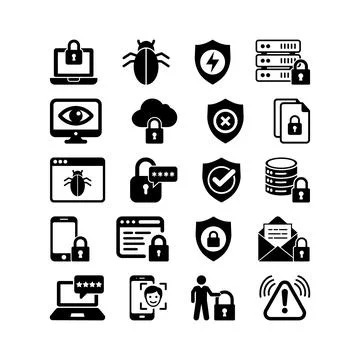 Cybersecurity Icon Set Featuring Devices, Shields, and Threat Symbols Stock Illustration