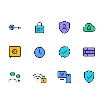 Cybersecurity icon set with key, padlock, shield, cloud lock, safe, firewall, Stock Illustration