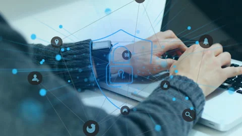 Cybersecurity icons and data protection animation over person typing on laptop 動画素材 303685525