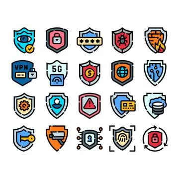 Cybersecurity icons protecting data, network, and digital privacy Stock Illustration