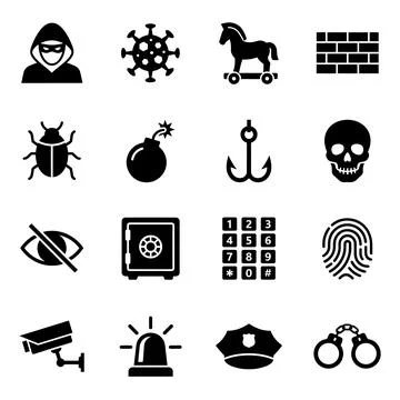 Cybersecurity icons set including hacker, virus, Trojan horse, brick wall, .. Иллюстрация