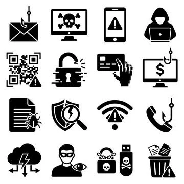 Cybersecurity icons set with phishing, hacking, malware, virus, data breach.. Stock Illustration