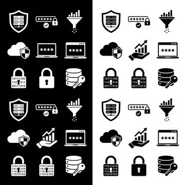 Cybersecurity icons set with server shield, password lock, data funnel, clo.. Stock Illustration