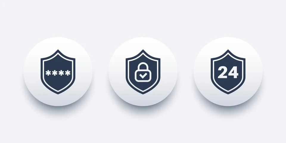 Cybersecurity icons with a shield, 24 security vector design Stock Illustration