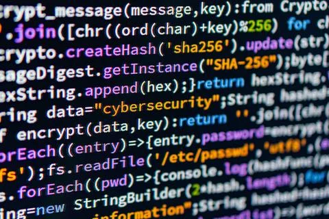 Cybersecurity. The image shows lines of computer code or binary data written  Foto stock