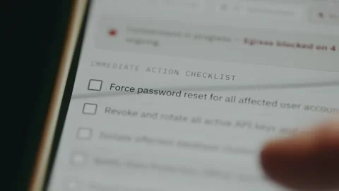 Cybersecurity incident response interface, Immediate action checklist Stock Footage 333822301