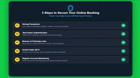 Cybersecurity infographic interface displaying 5 steps to secure online ban.. Vídeo Stock 343506921