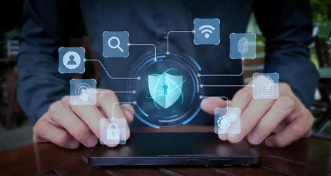 Cybersecurity Interface with Digital Protection Icons Stock Photos